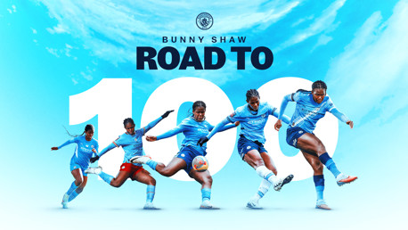 Image showing multiple blurred figures in Manchester City kits and text reading 'Bunny Shaw Road to 100' against a sky blue background.