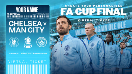 A virtual ticket for the FA Cup Final featuring Chelsea vs Man City on 16th May 2026 at Wembley Stadium.