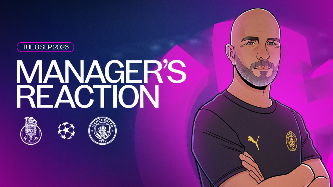 Illustrated graphic featuring a bald manager in Manchester City attire, 'Manager's Reaction' text, match date 'Tue 8 Sep 2026,' and logos of FC Porto and Manchester City.