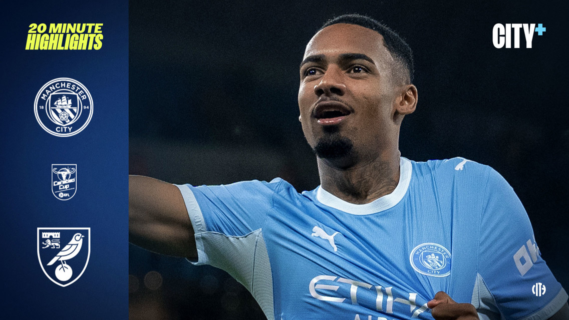 A Manchester City player celebrating during a match against Norwich City in the EFL Cup. The left side features club logos and the text '20 Minute Highlights'.