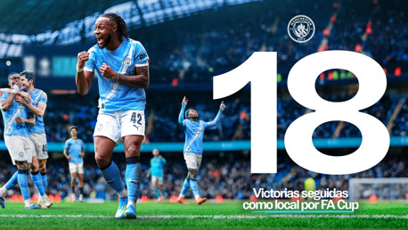 Manchester City players celebrating their 18th consecutive home victory in the FA Cup at Etihad Stadium.