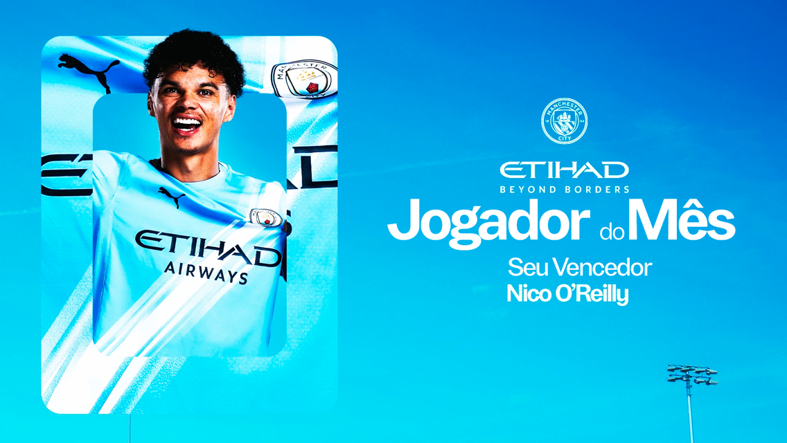 Promotional graphic for Manchester City Player of the Month featuring team branding and player title.