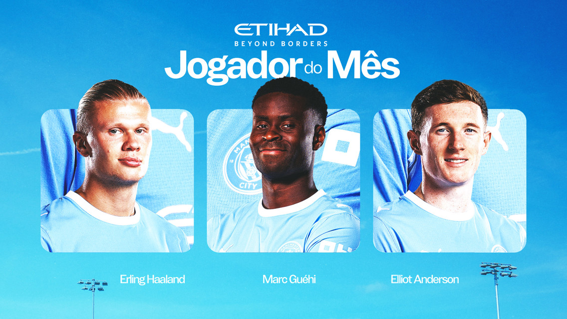 An image featuring three football players under the title 'Jogador do Mês' sponsored by Etihad, likely indicating player of the month awards.