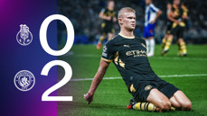 Graphic showing a football player celebrating with a match score of 0-2 between FC Porto and Manchester City, featuring team logos.