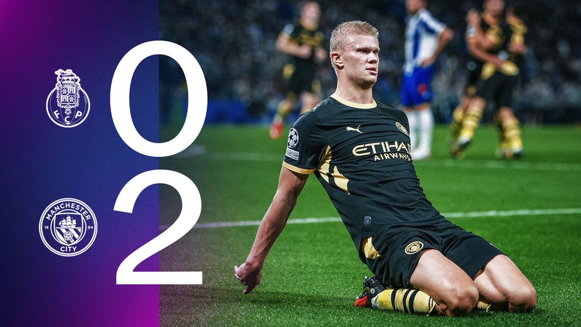 Graphic showing a football player celebrating with a match score of 0-2 between FC Porto and Manchester City, featuring team logos.