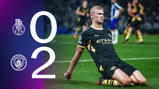 Graphic showing a football player celebrating with a match score of 0-2 between FC Porto and Manchester City, featuring team logos.