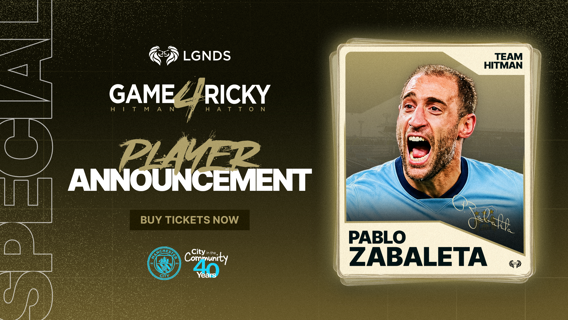 Game event poster announcing player participation with the name Pablo Zabaleta for Team Hitman. Includes event logos and promotional text for buying tickets.