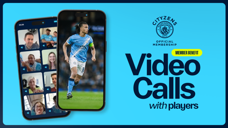 Image promoting Manchester City's official membership benefit of video calls with players featuring multiple smartphone screens, one displaying a football player.