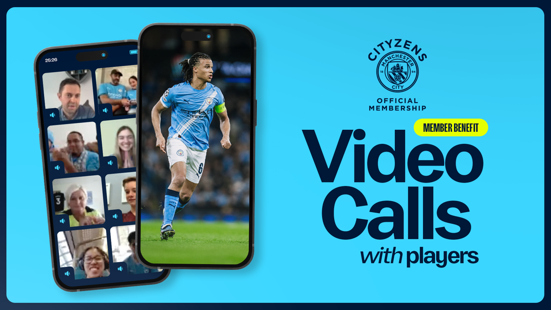 Image promoting Manchester City's official membership benefit of video calls with players featuring multiple smartphone screens, one displaying a football player.