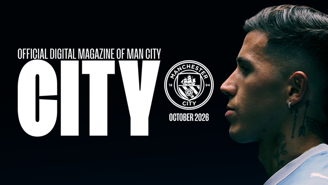 Cover of the official digital magazine for Manchester City, featuring a side profile of a person with tattoos and earrings. Text includes 'CITY' and 'October 2026' alongside the Manchester City club logo.