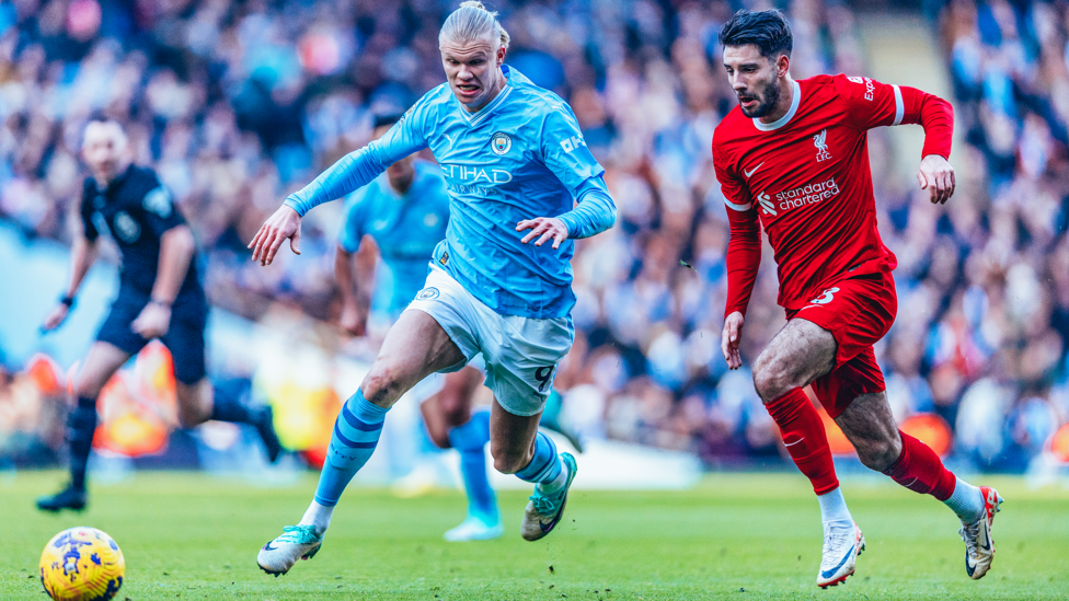 HUSSLING HAALAND: Erling Haaland getting stuck in against Liverpool