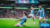 Soccer players in light blue jerseys celebrating on the field with 'Carabao Cup Winners 2026' text overlay.