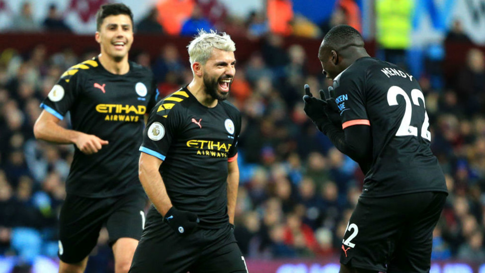 RECORD BREAKER : Aguero and Benjamin Mendy get the party started at Villa Park after Sergio's historic 12th Premier League hat-trick, eclipsing Alan Shearer's all-time record