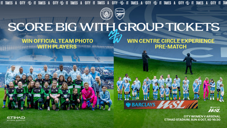 Promotional image for Manchester City Women's Group Tickets. Highlights include opportunities to win an official team photo with players and a center circle experience pre-match. Match against Arsenal at Etihad Stadium, Sunday 4th Oct.