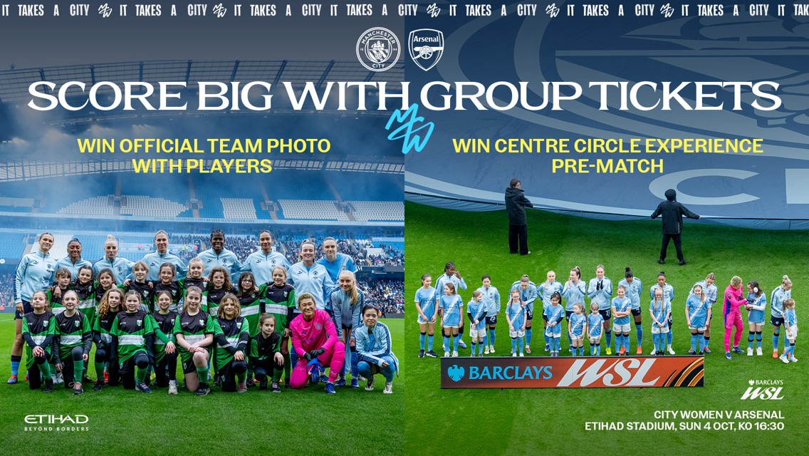 Promotional image for Manchester City Women's Group Tickets. Highlights include opportunities to win an official team photo with players and a center circle experience pre-match. Match against Arsenal at Etihad Stadium, Sunday 4th Oct.