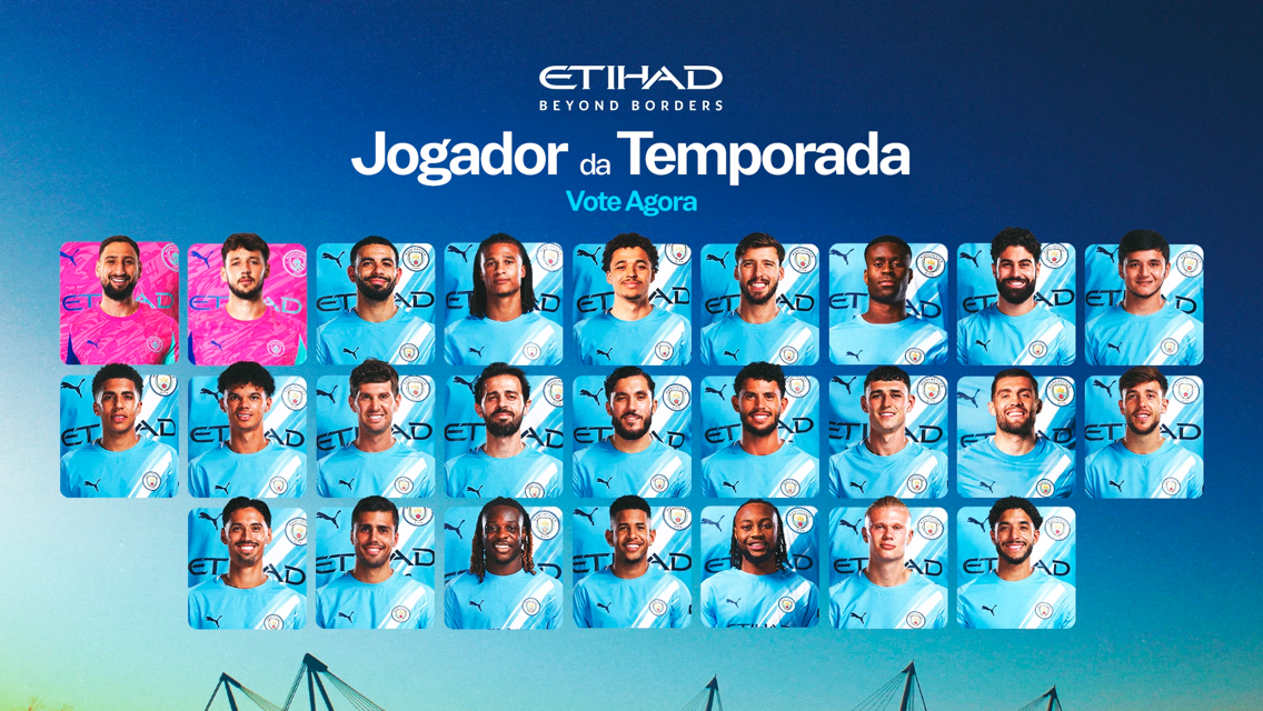 A graphic for Manchester City's Player of the Season vote, featuring players in blue and pink jerseys with the Etihad logo, organized in a grid format.