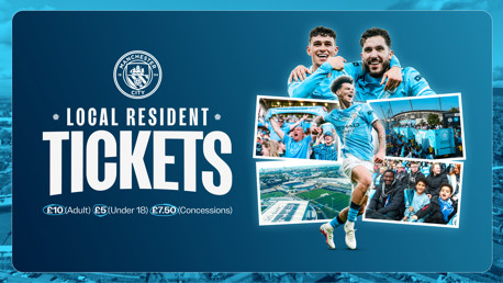 Promotional image for Manchester City local resident tickets, featuring ticket prices and photos of fans and players in Manchester City jerseys.