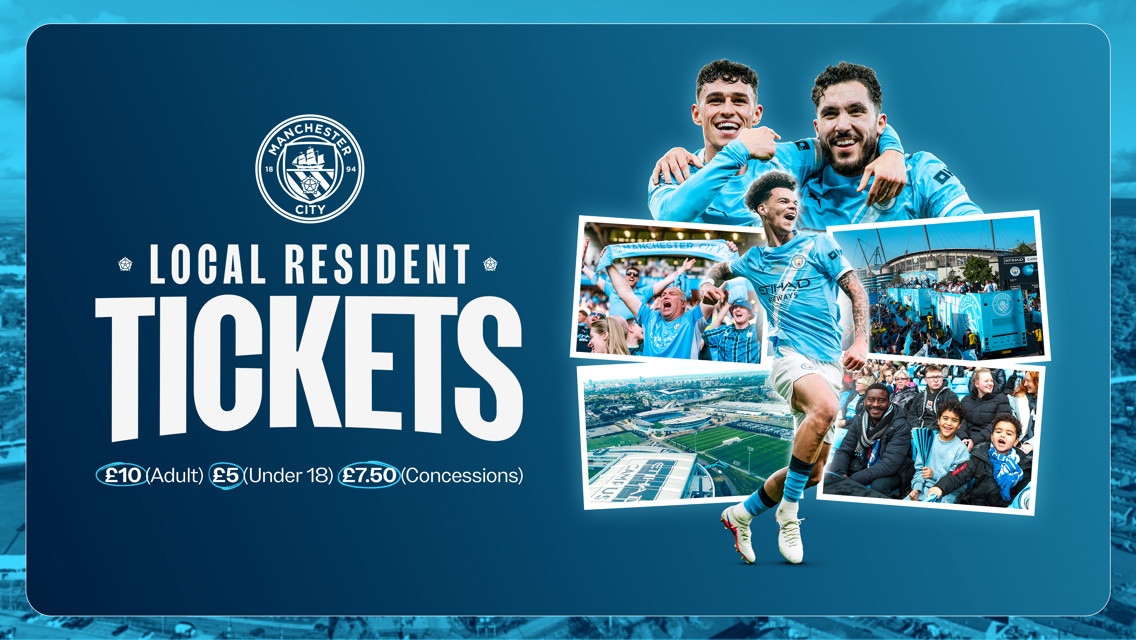 Promotional image for Manchester City local resident tickets, featuring ticket prices and photos of fans and players in Manchester City jerseys.