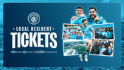 Promotional image for Manchester City local resident tickets, featuring ticket prices and photos of fans and players in Manchester City jerseys.