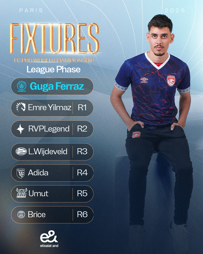 Fixtures poster for the FC Pro World Championship League Phase in Paris 2026, featuring Guga Ferraz with his match schedule from R1 to R6 against various opponents.
