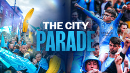 A crowd of people at a parade celebrating Manchester City with blue flags and banners. Text overlay reads 'The City Parade'.