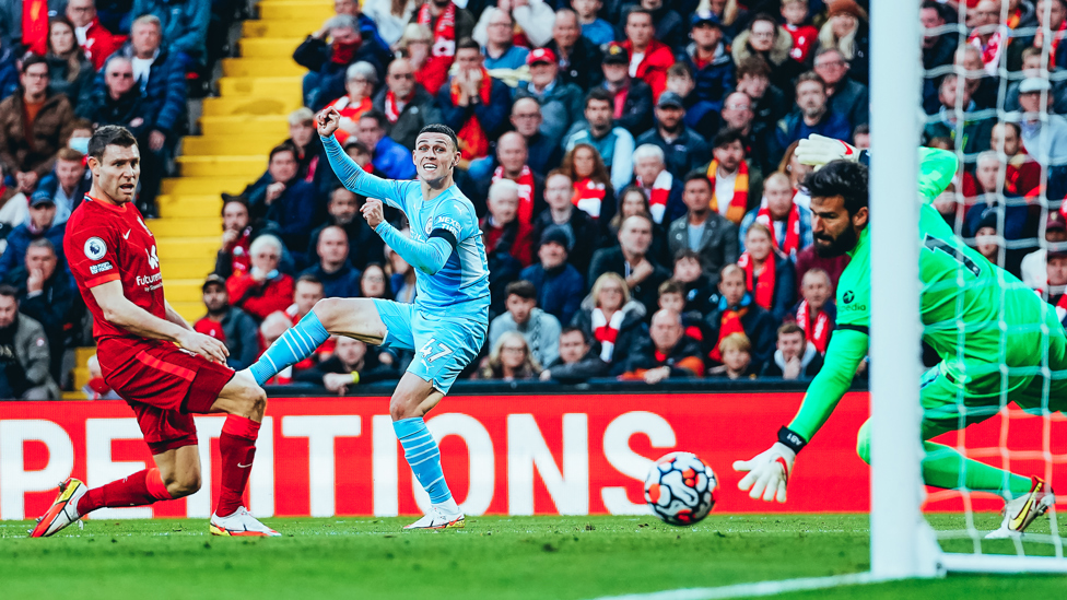 ON TARGET : Phil Foden finds the bottom corner of the net to draw City level with 20 to play | Liverpool 2-2 City (3 October 2021).