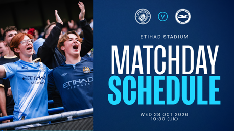 Image showing Manchester City vs Brighton & Hove Albion matchday schedule at Etihad Stadium on Wed 28 Oct 2026 at 19:30 UK. Fans are cheering in the crowd.