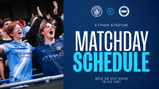 Image showing Manchester City vs Brighton & Hove Albion matchday schedule at Etihad Stadium on Wed 28 Oct 2026 at 19:30 UK. Fans are cheering in the crowd.