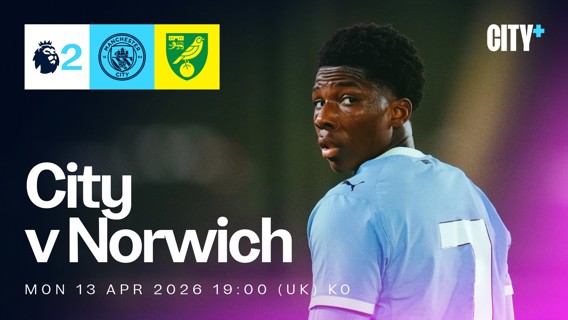 Promotional image for Manchester City vs Norwich Premier League match on April 13, 2026 at 19:00 UK time. Includes league logos, team badges, and blurred player.