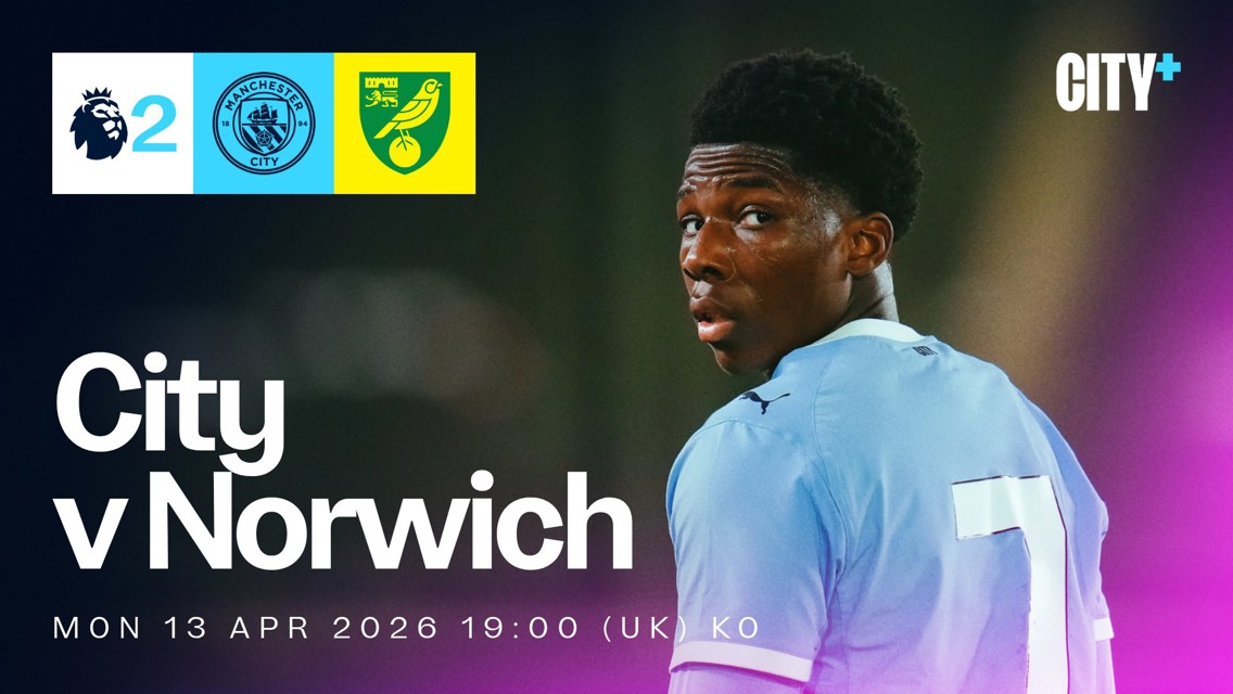 Promotional image for Manchester City vs Norwich Premier League match on April 13, 2026 at 19:00 UK time. Includes league logos, team badges, and blurred player.