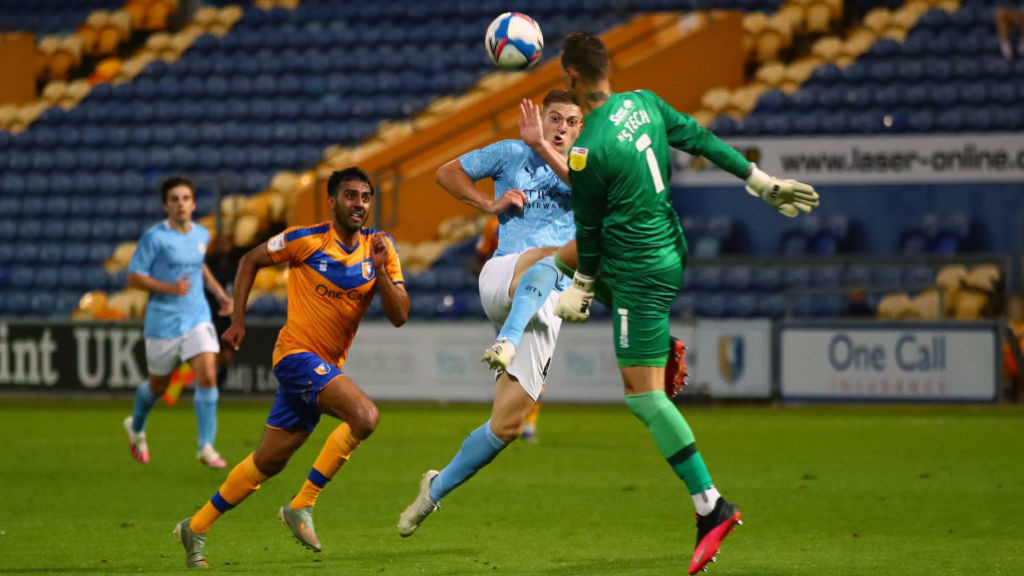 DOUBLE STRIKE: Liam Delap fires home his second and City's third goal at the One Call Stadium
