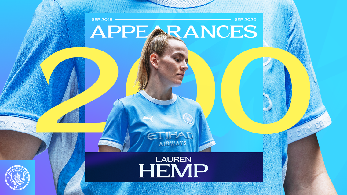 A Manchester City-themed graphic celebrating 200 appearances by a player named Lauren Hemp from September 2018 to September 2026.