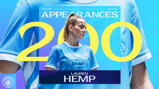 A Manchester City-themed graphic celebrating 200 appearances by a player named Lauren Hemp from September 2018 to September 2026.