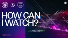 Manchester City vs Paris Saint-Germain match promotion showing how to watch on October 14, 2026, with logos and a stadium image.
