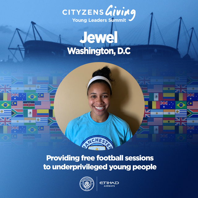 A Cityzens Giving Young Leaders Summit participant named Jewel from Washington, D.C., wearing a Manchester City shirt, with text indicating the provision of free football sessions to underprivileged young people. Background includes flags and Etihad Stadium silhouette.