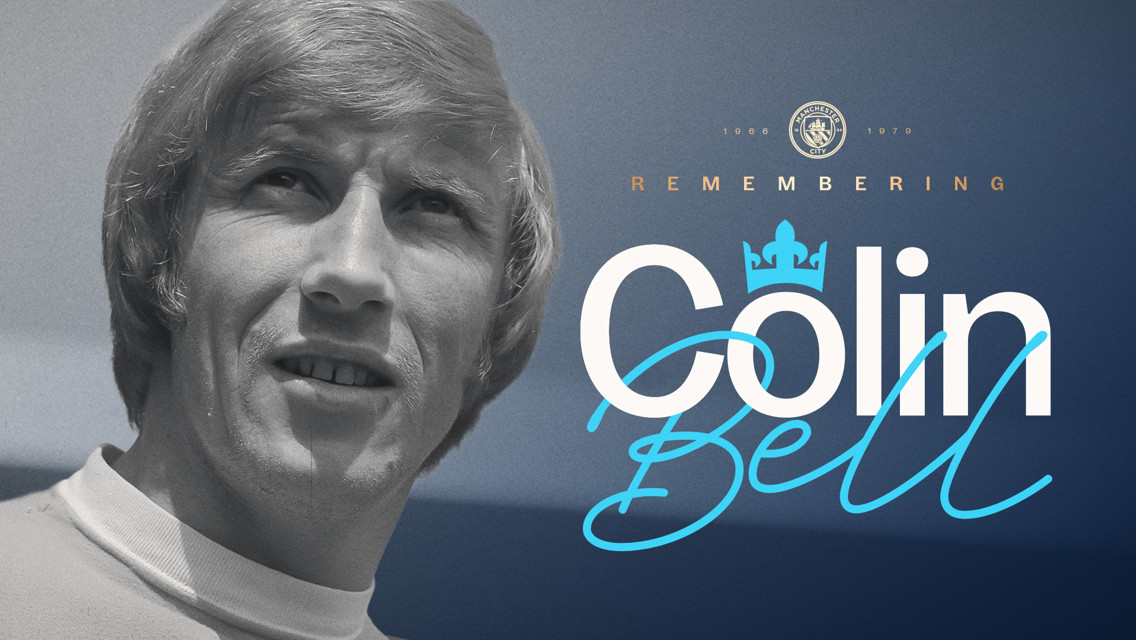 Tribute design for Colin Bell with Manchester City logo, featuring the text 'Remembering Colin Bell' alongside his signature.