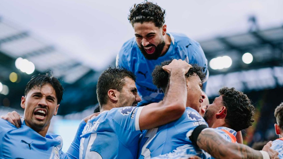 DERBY DELIGHT : Josko celebrates with team-mates after an Erling Haaland goal in the 3-0 win over Manchester United in September 2025.