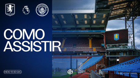 Image promoting Premier League match between Aston Villa and Manchester City on October 24, 2026. Includes logos of both teams and the Premier League logo. Text in Portuguese explains how to watch the game.