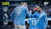 Manchester City players shaking hands during a Premier League match against Arsenal. Visible logos include Manchester City and Arsenal crests. The image promotes a full match replay on City+.