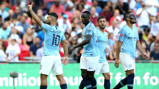 LETHAL WEAPON: Sergio Aguero acknowledges the City fans after his second goal of the afternoon