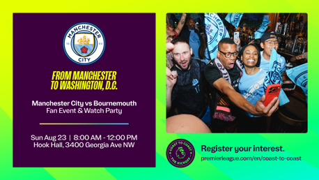 Event flyer for Manchester City vs Bournemouth fan event and watch party in Washington, D.C. on Sun Aug 23 at Hook Hall with fans celebrating.