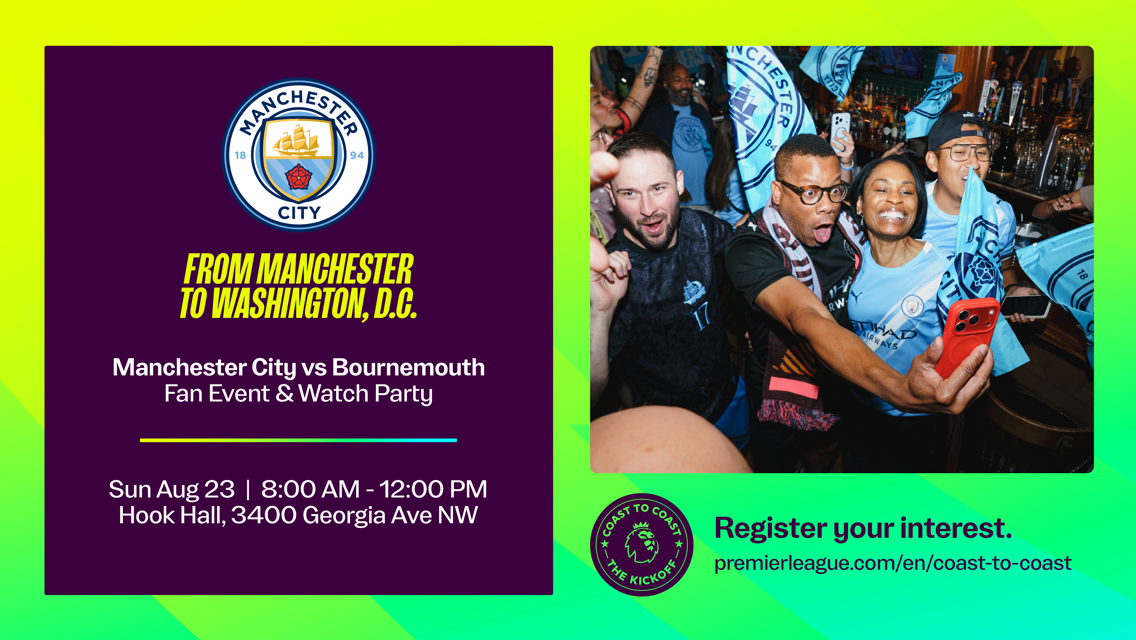 Event flyer for Manchester City vs Bournemouth fan event and watch party in Washington, D.C. on Sun Aug 23 at Hook Hall with fans celebrating.