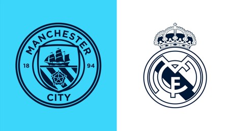 Manchester City and Real Madrid logos side by side with a blue and white background.
