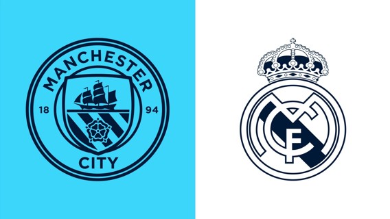 Manchester City and Real Madrid logos side by side with a blue and white background.