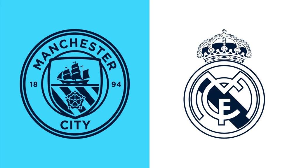 Manchester City and Real Madrid logos side by side with a blue and white background.