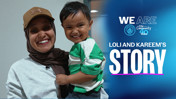 A woman wearing a hijab and cap smiles while holding a young boy in a green and white shirt. The text on the right reads: 'We Are City in the Community 40 Years Loli and Kareem's Story'.