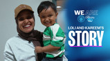 A woman wearing a hijab and cap smiles while holding a young boy in a green and white shirt. The text on the right reads: 'We Are City in the Community 40 Years Loli and Kareem's Story'.