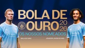 Manchester City players in blue jerseys with 'Bola de Ouro 2026' text, indicating nominees for Golden Ball and Young Player of the Year.