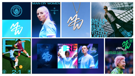 Collage of Manchester City Women with players, logo, and promotional graphics.