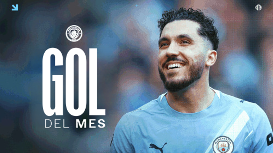 A player in a Manchester City kit with 'GOL DEL MES' text indicating 'Goal of the Month'.